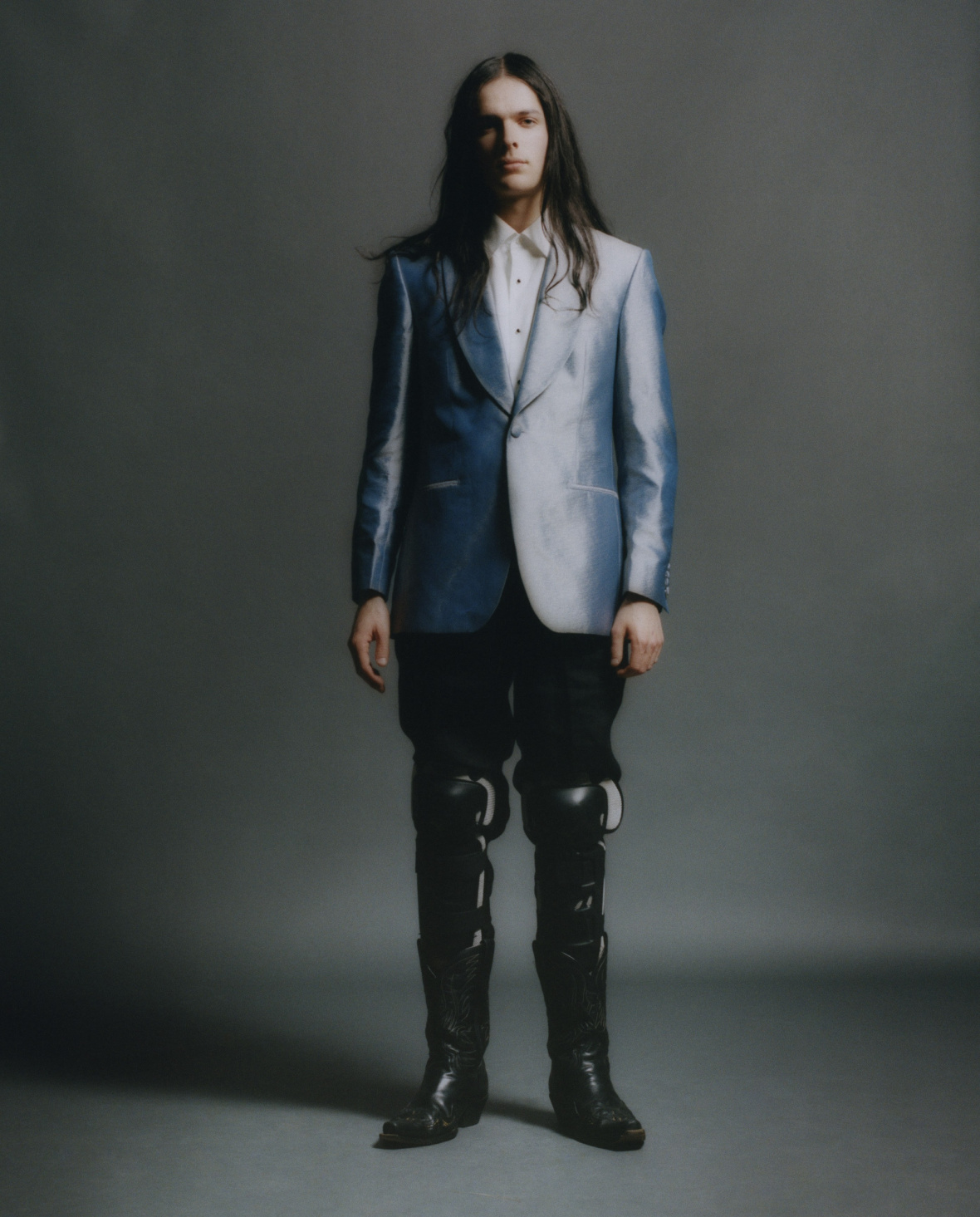 Suit Jacket, Shirt and Trousers — Gieves and Hawkes, Enduro knee protectors and boots — Stylist's own